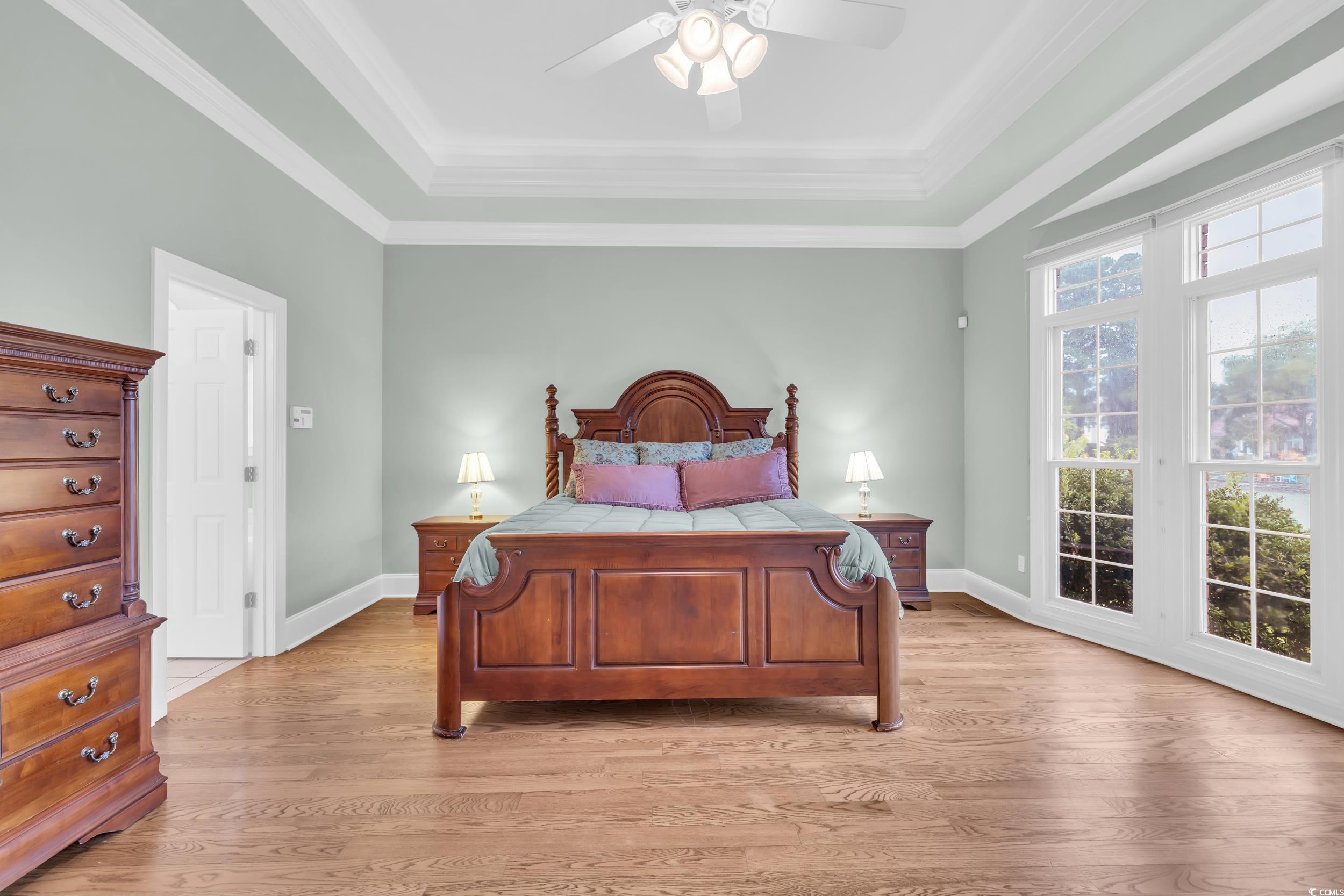 1473 Doar Point Myrtle Beach, SC 29577 - Photo 10 of 40 Bedroom with ornamental molding, light wood-type flooring, a raised ceiling, and ceiling fan