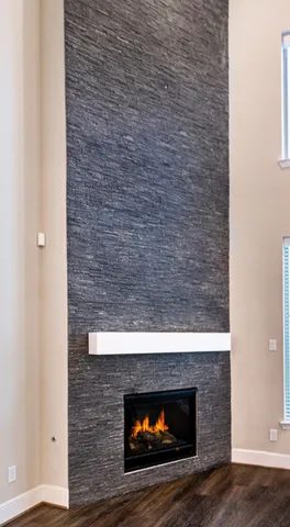 a room with a fireplace