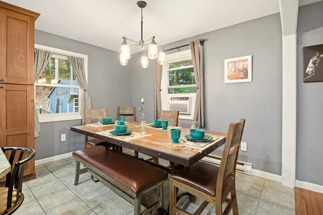 a view of a dining room with furniture window and outside view