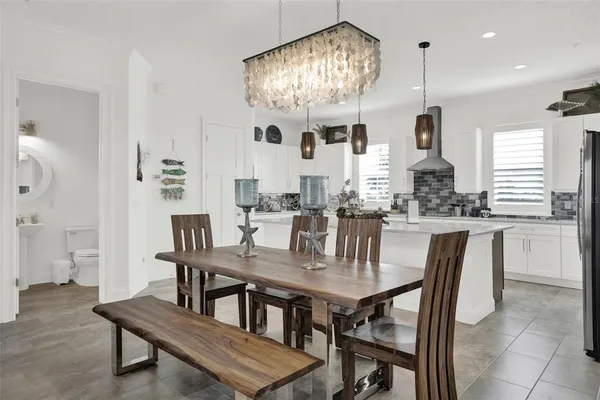 a view of a dining room with furniture window and outside view