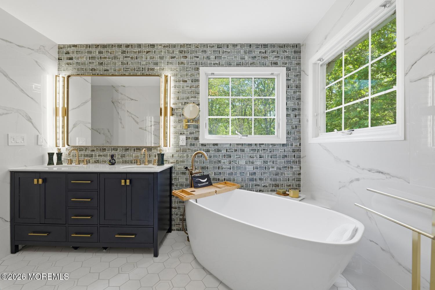 7 Cherry Tree Lane Cream Ridge, NJ 08514 - Photo 25 of 47 a bathroom with a granite countertop sink toilet a mirror and bathtub