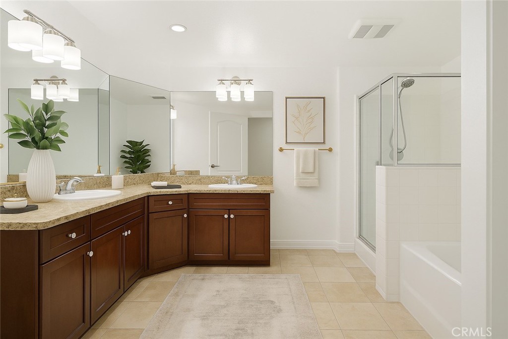 629 Traction Avenue, Unit 257 Los Angeles, CA 90013 - Photo 14 of 38 a spacious bathroom with a granite countertop sink mirror and a shower