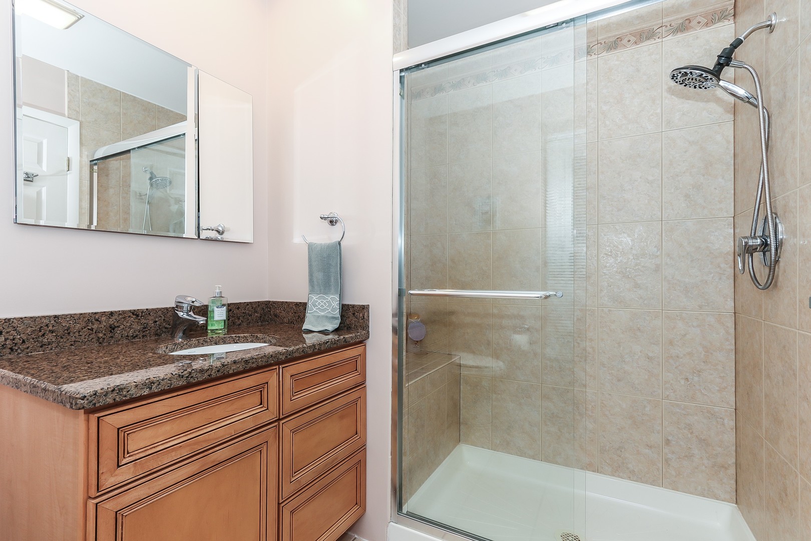 207 Ela Road Inverness, IL 60067 - Photo 19 of 30 a bathroom with a granite countertop sink a mirror and shower