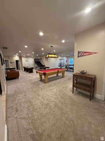 3145 South 500 West Vernal, UT 84078 - Photo 26 of 64 Rec room featuring recessed lighting, light carpet, and pool table