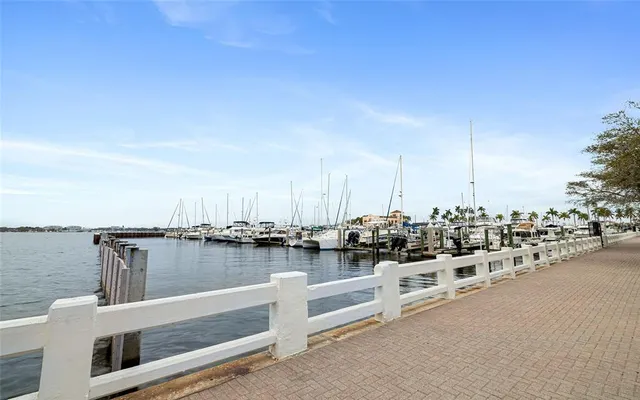 a view of ocean with boats and trees in the background