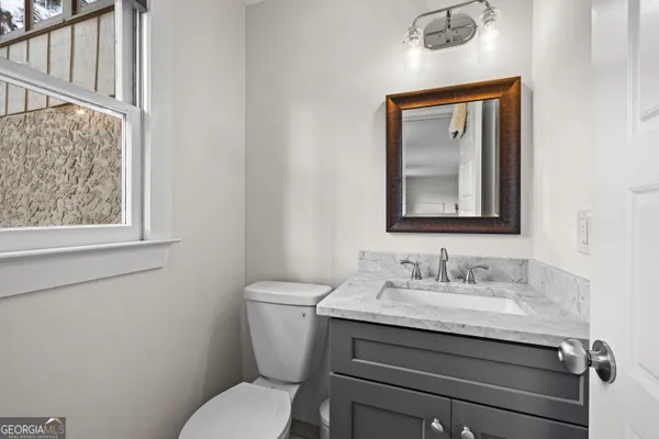 a view of a garden with large trees