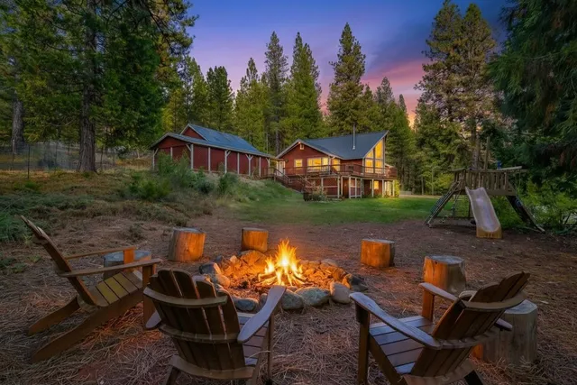 a view of a lake with a patio