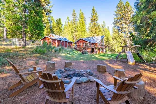 a view of a backyard with table and chairs potted plants and large tree