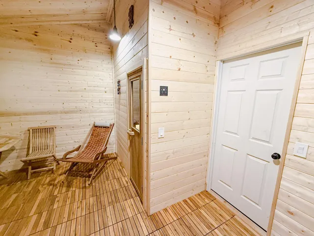 a view of a yard with plants and trees