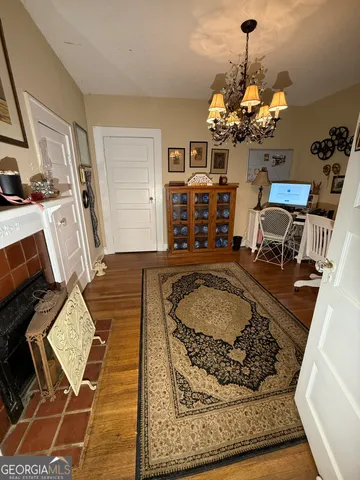 a view of a dining room with furniture
