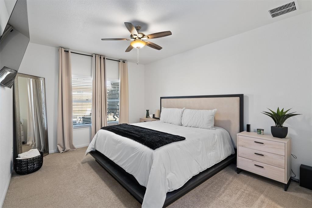 10308 Hatton Lane Austin, TX 78754 - Photo 10 of 25 Main-level primary bedroom featuring plush carpeting, ceiling fan, and natural light for a comfortable and private retreat