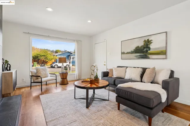 a living room with furniture and a potted plant