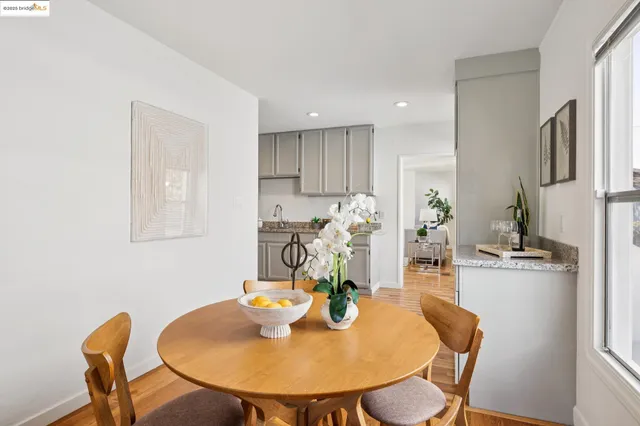 a view of a dining room with furniture