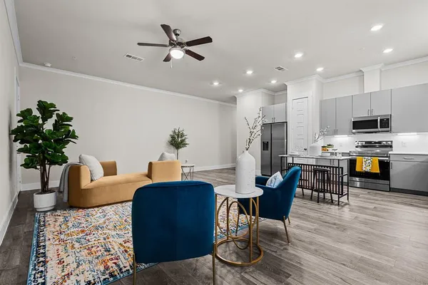 a living room with furniture kitchen area and a potted plant