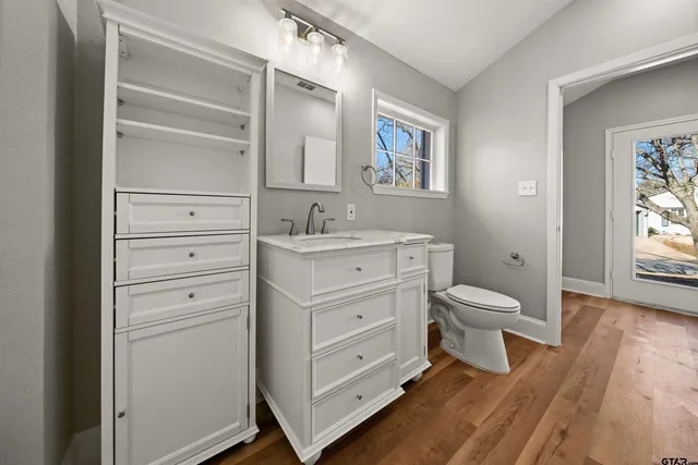 a bathroom with a toilet sink and mirror