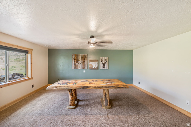 2013 North River View Road Huntsville, UT 84317 - Photo 27 of 53 Recreation room featuring carpet, a ceiling fan, and a textured ceiling