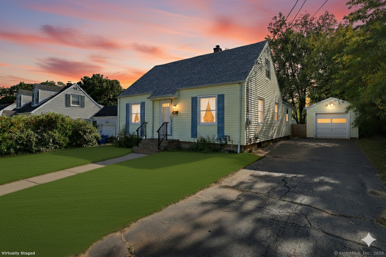 The home glows beautifully at sunset, giving off a warm and welcoming vibe.