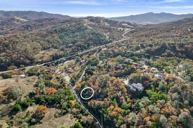 an aerial view of a house with a forest