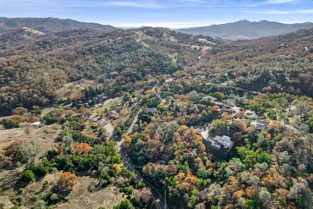 an aerial view of residential houses with outdoor space and trees