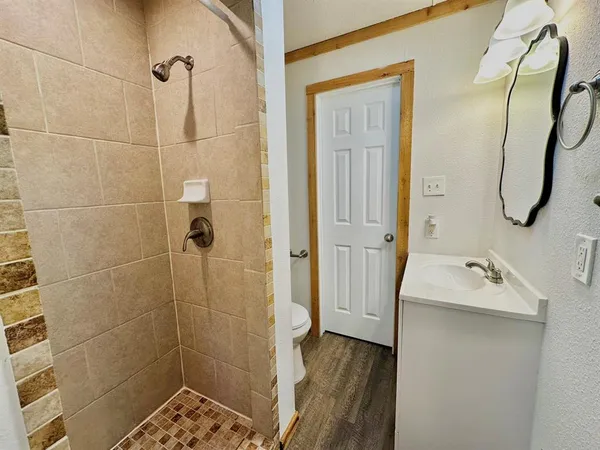 a bathroom with a sink a toilet and shower