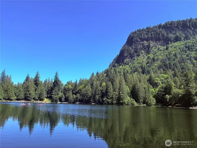 a view of a lake with houses in the back