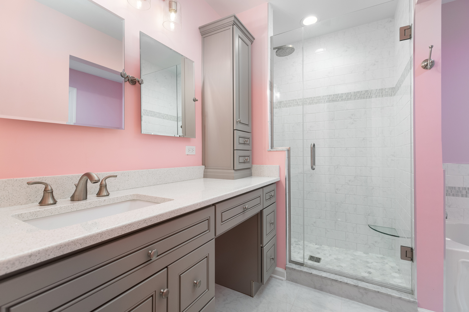 729 East Bauer Road Naperville, IL 60563 - Photo 33 of 57 a bathroom with a shower sink vanity and mirror