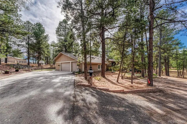 a view of a house with large trees