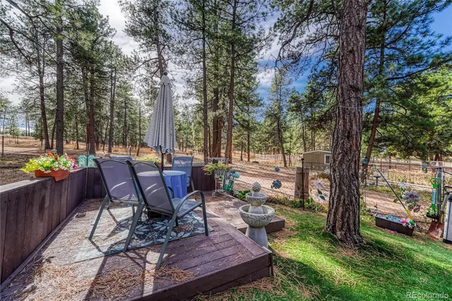 a view of a backyard with sitting area