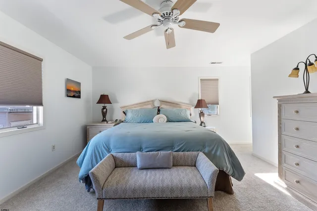 a bedroom with a bed and ceiling fan
