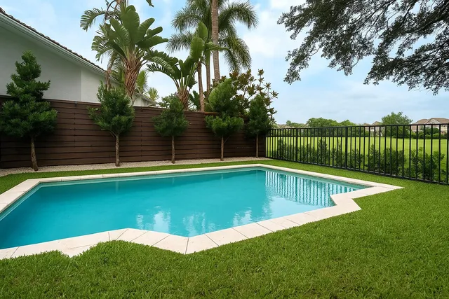 a view of a swimming pool with a backyard