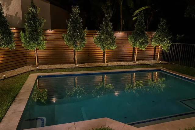 a view of swimming pool from a window