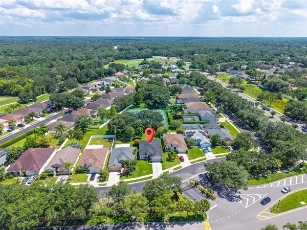 an aerial view of residential houses with outdoor space and trees