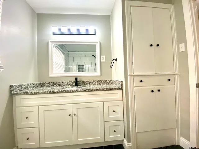 a bathroom with a granite countertop sink vanity and mirror