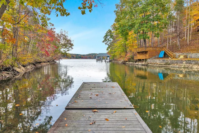 a view of a lake with large trees
