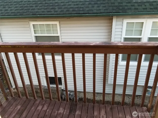 a view of a wooden balcony
