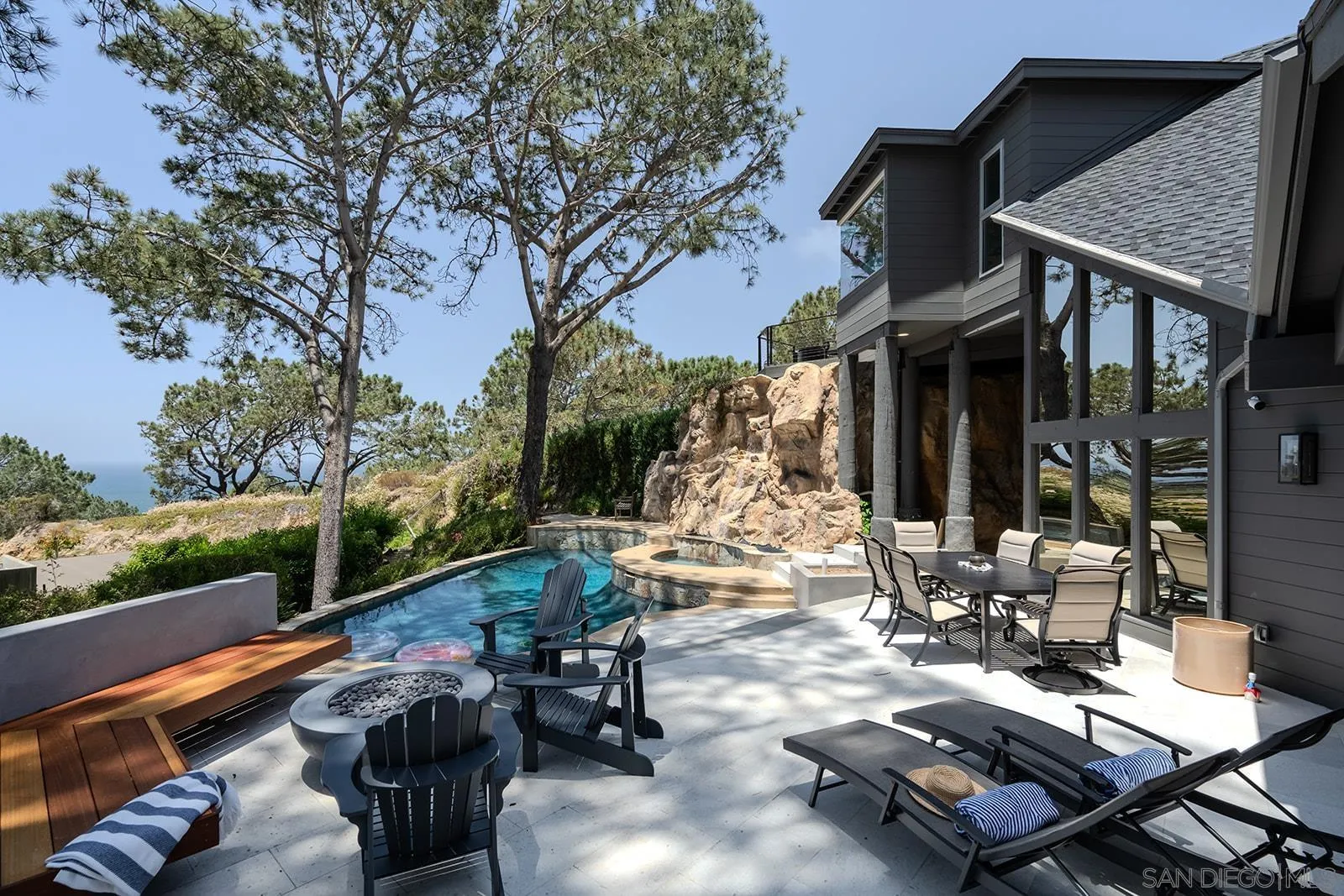 a view of backyard with swimming pool and outdoor seating