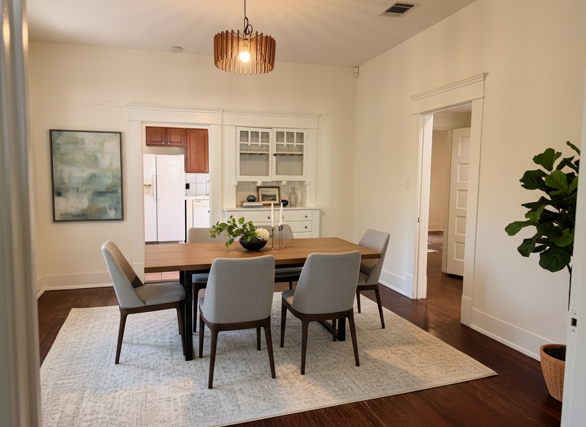 1136 Eleanor Street Austin, TX 78721 - Photo 14 of 30 Virtual Staged: Hardwood floors and bright walls frame this inviting dining area, ideal for entertaining.