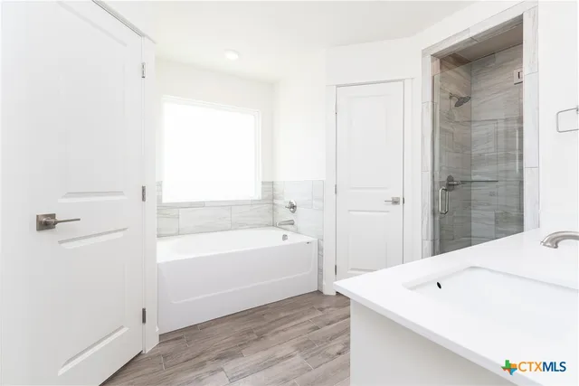 a bathroom with a bathtub and a sink