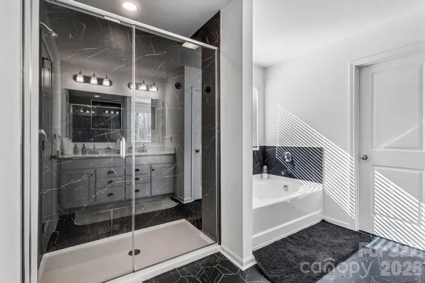 a bathroom with a bathtub and a shower