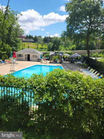 a view of swimming pool with lawn chairs and plants
