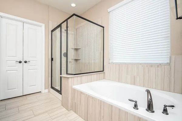 a bathroom with a tub a sink shower and mirror