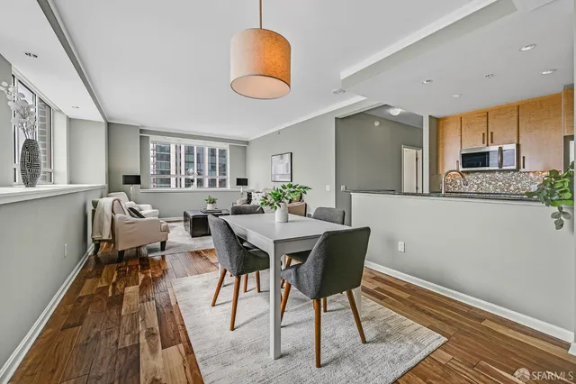 a view of a dining room with furniture