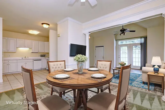 a view of a dining room with furniture