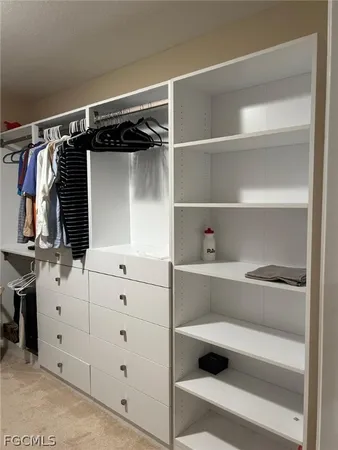a view of walk in closet with clothes and shoes