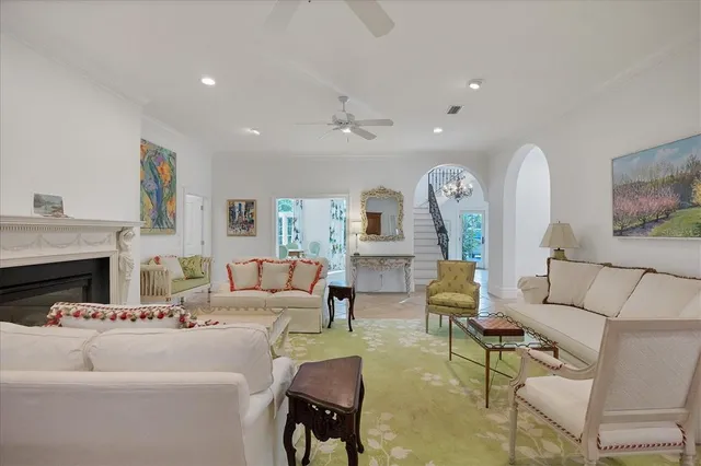 a living room with furniture and a table