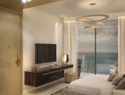 a room with a bed and a mirror