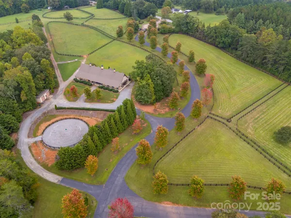 an aerial view of a swimming pool