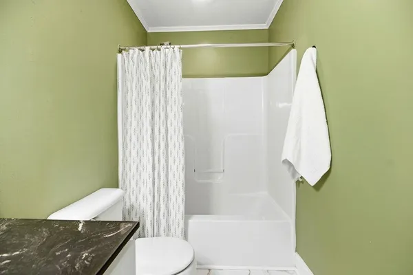 a bathroom with a shower curtain and a toilet