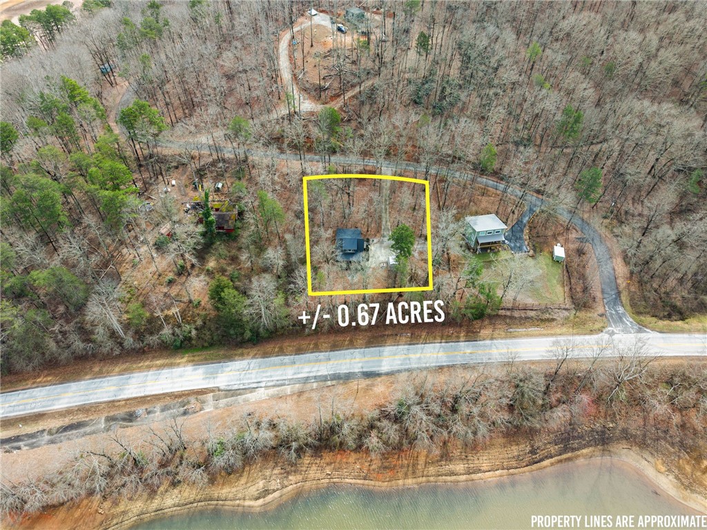 97 Cherokee Road Toccoa, GA 30577 - Photo 29 of 30 This aerial view showcases a peaceful, wooded property bordering a tranquil body of water.