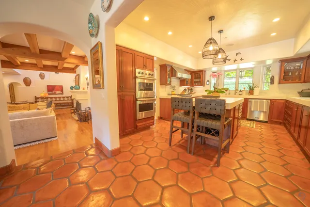 a view of a dining room with furniture